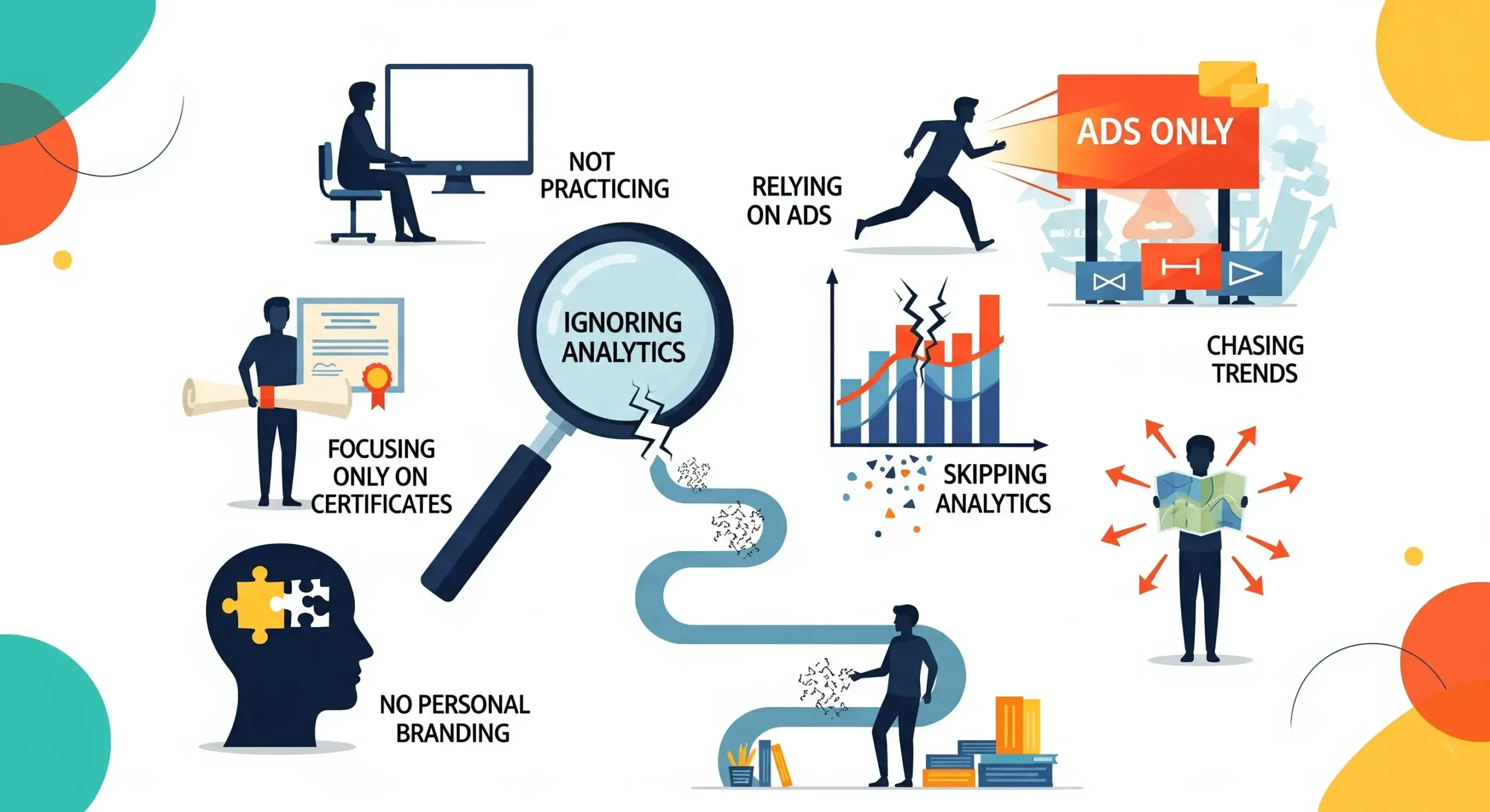 Illustration showing common digital marketing mistakes like ignoring analytics, chasing trends, and relying on ads.