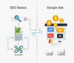 Comparison graphic highlighting SEO basics like backlinks and blog posts versus paid Google Ads strategies.