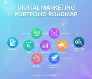 Digital marketing portfolio roadmap showing SEO, PPC, analytics, and social media skills.