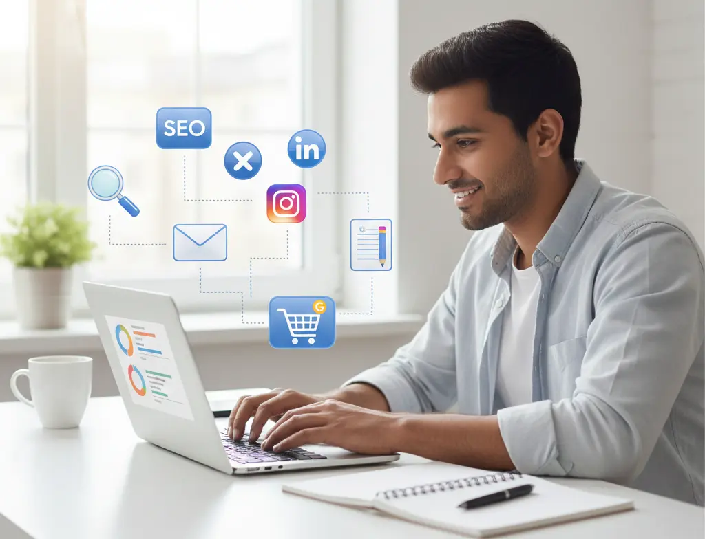 Beginner learning digital marketing on laptop