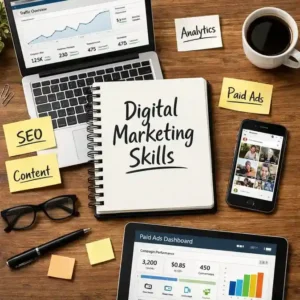 Digital marketing skills including SEO, content, analytics and paid ads on workspace desk