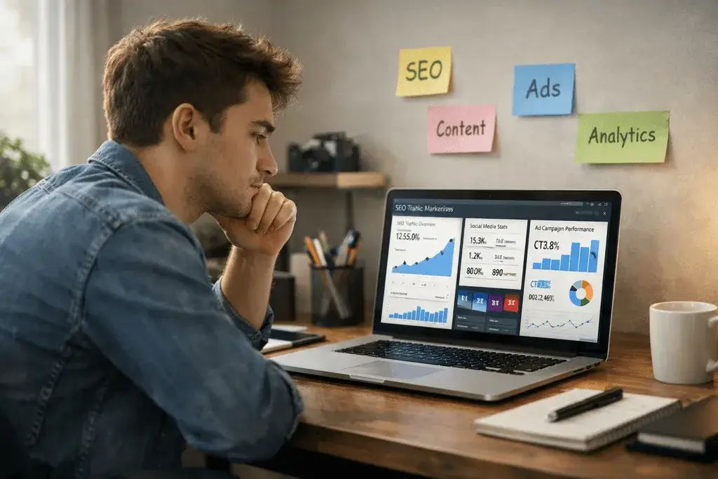 Fresher analyzing SEO and ad performance data on laptop in home office