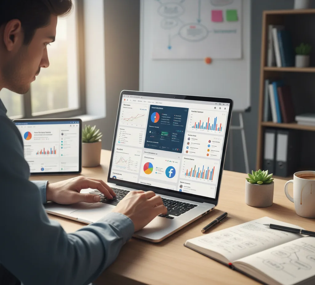 Beginner learning digital marketing by analyzing SEO and analytics on a laptop.