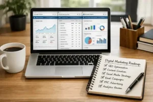 Digital marketing roadmap checklist showing SEO, content, social media and analytics strategy