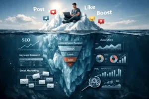 Digital marketing iceberg concept showing SEO, ads, analytics and conversion funnel beneath the surface
