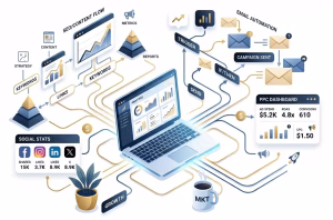 Digital marketing tools ecosystem with SEO tools list, Google Ads tools, and automation platforms