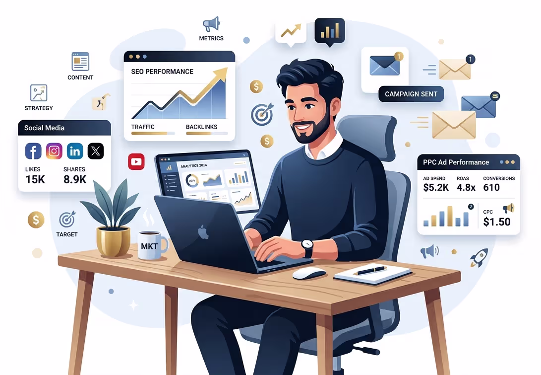 Digital marketing tools illustration showing SEO, social media, ads, and analytics dashboard